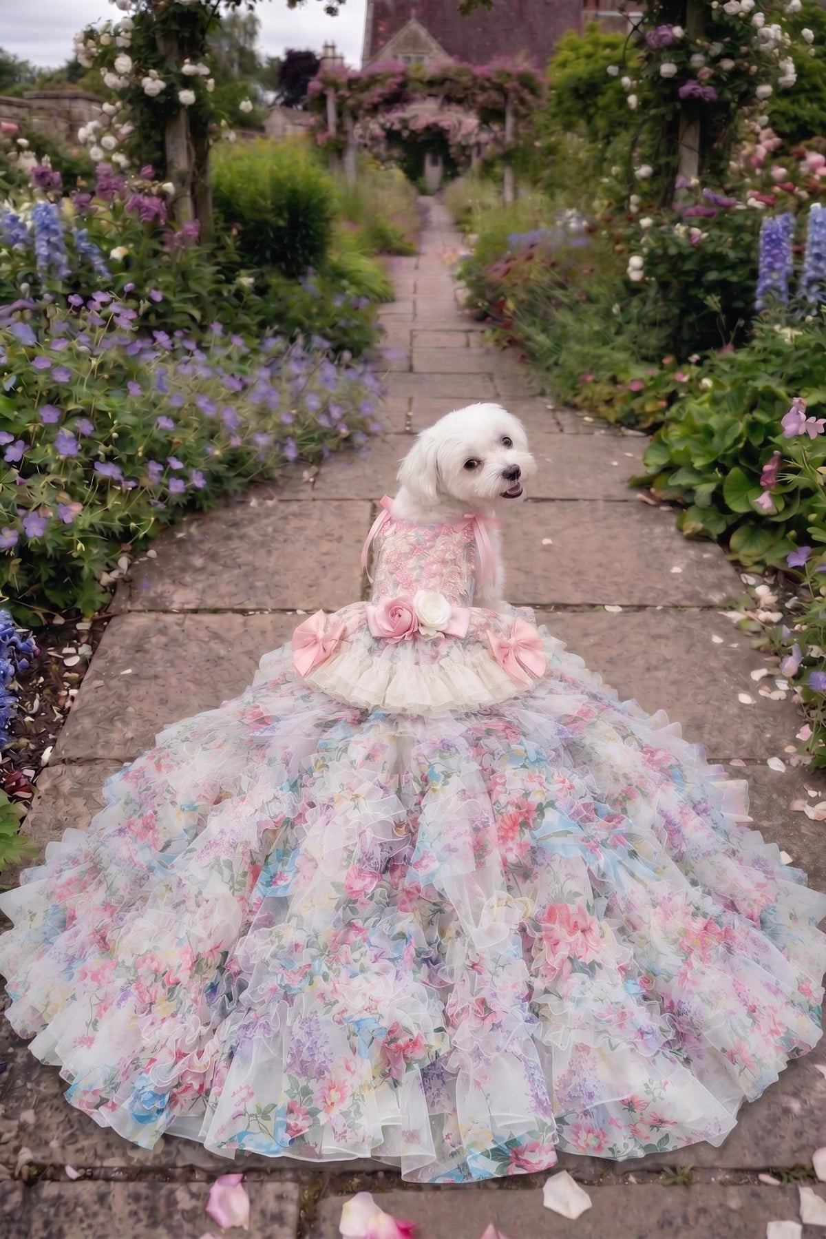 Arabella — Robe longue fleurie portée par un chien dans un jardin