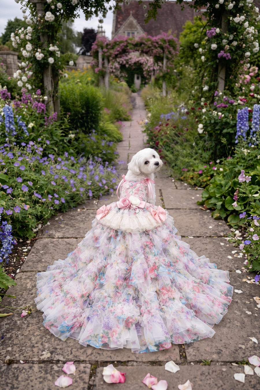 Arabella — Vestido largo floral en un perro, vista trasera