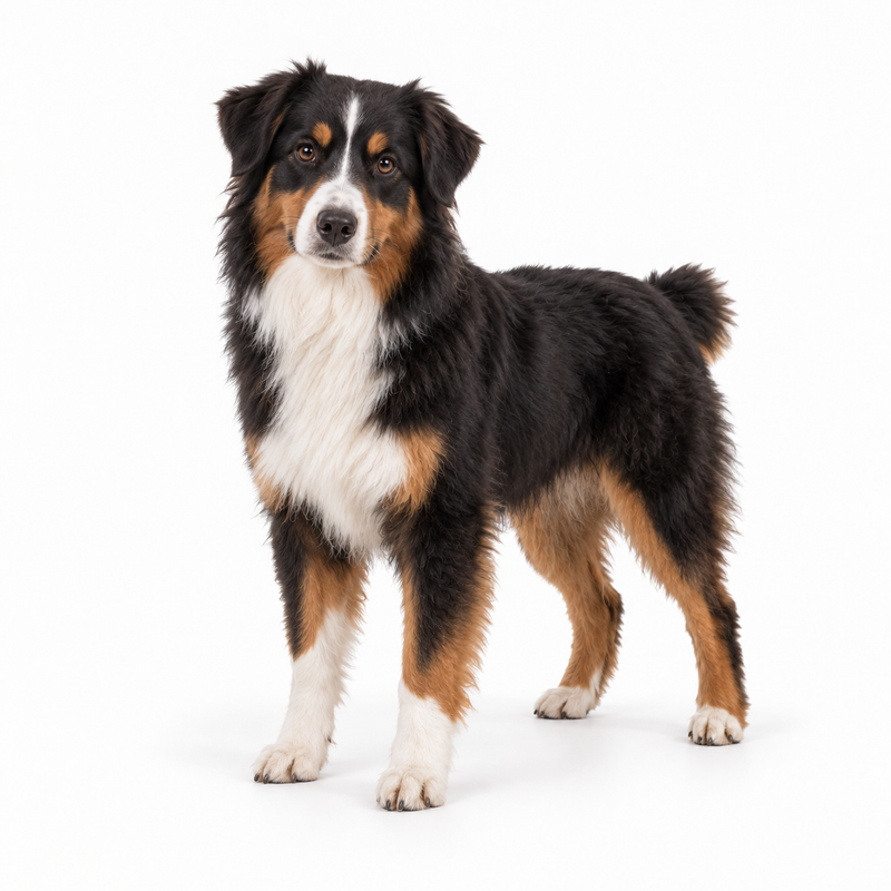 Black tricolour Australian Shepherd on a white background
