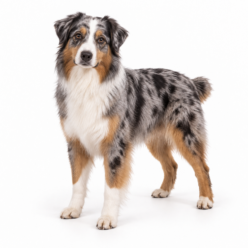 Blue merle Australian Shepherd on a white background