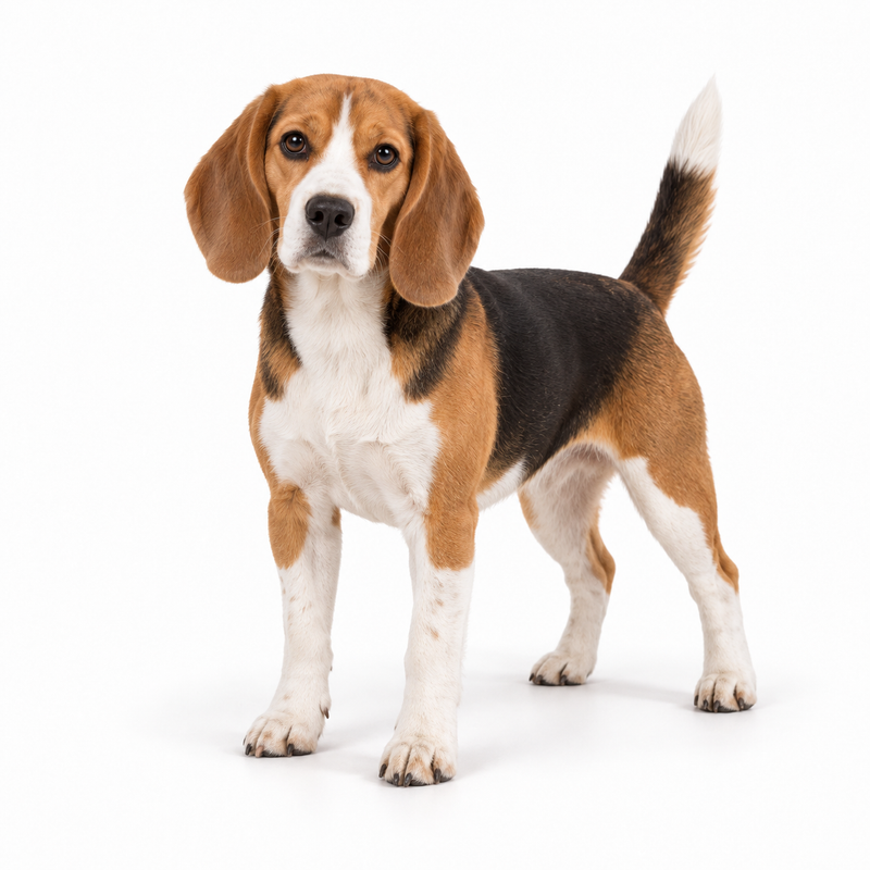 Black tan and white Beagle on a white background