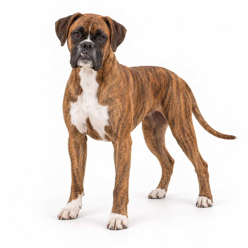 Brindle Boxer with natural ears on a white background