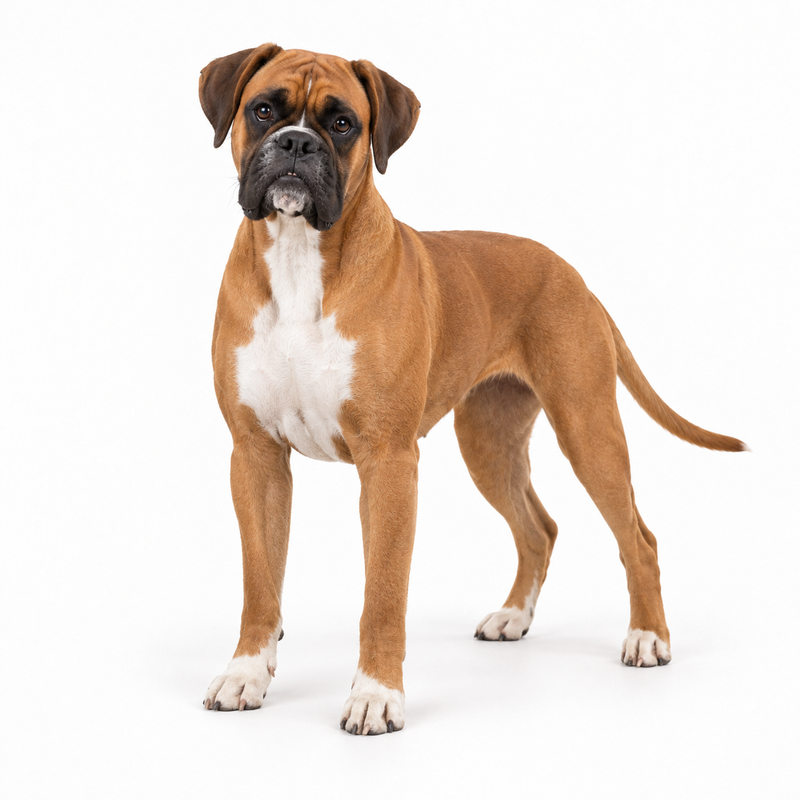 Fawn Boxer with a dark mask and natural ears on a white background