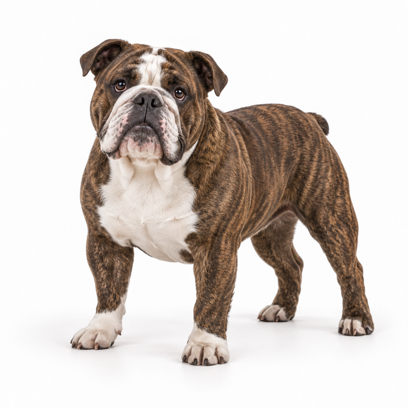Brindle and white Bulldog on a white background