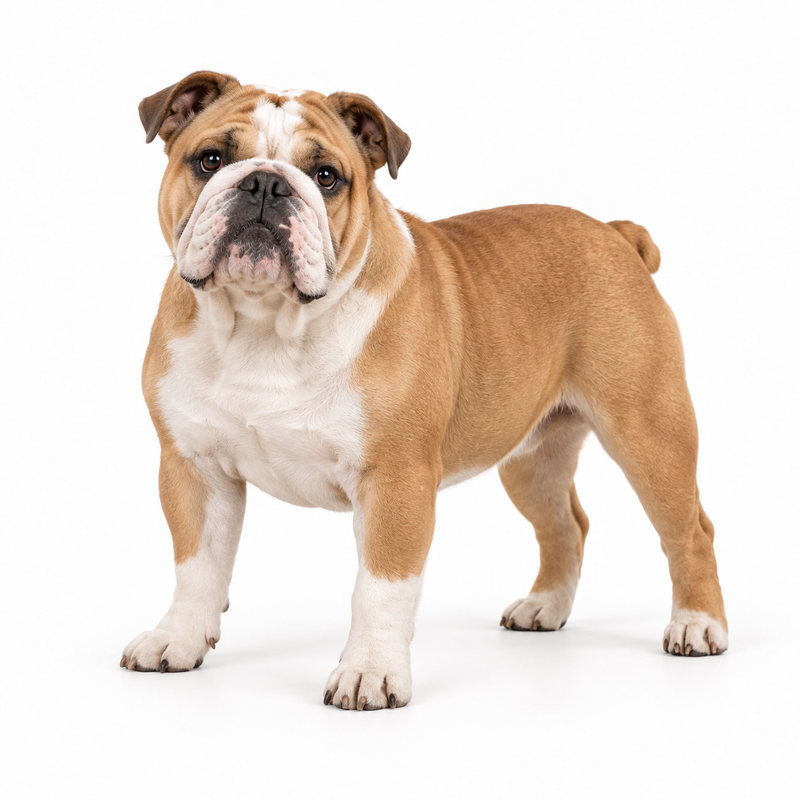 Fawn and white Bulldog on a white background
