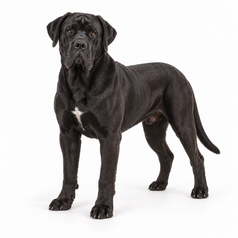 Black Cane Corso with natural ears on a white background