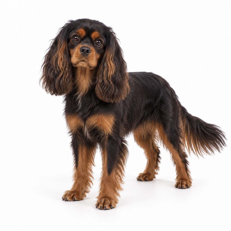 Black and tan Cavalier King Charles Spaniel on a white background