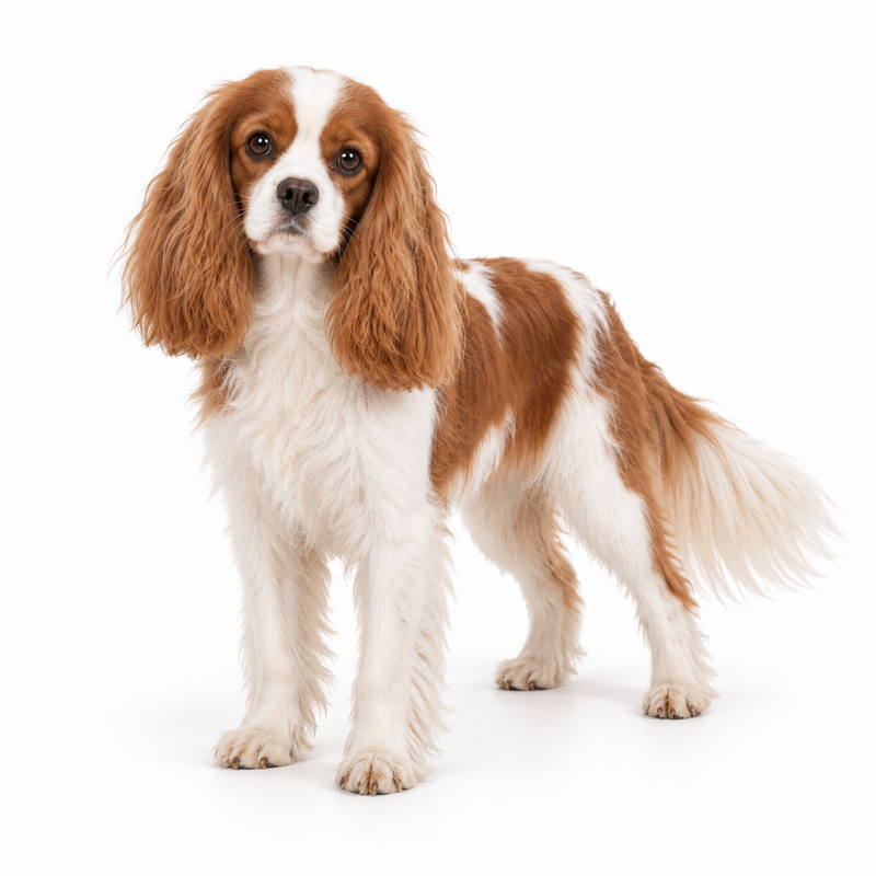 Blenheim Cavalier King Charles Spaniel on a white background