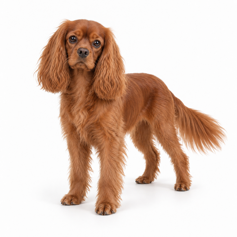 Ruby Cavalier King Charles Spaniel on a white background