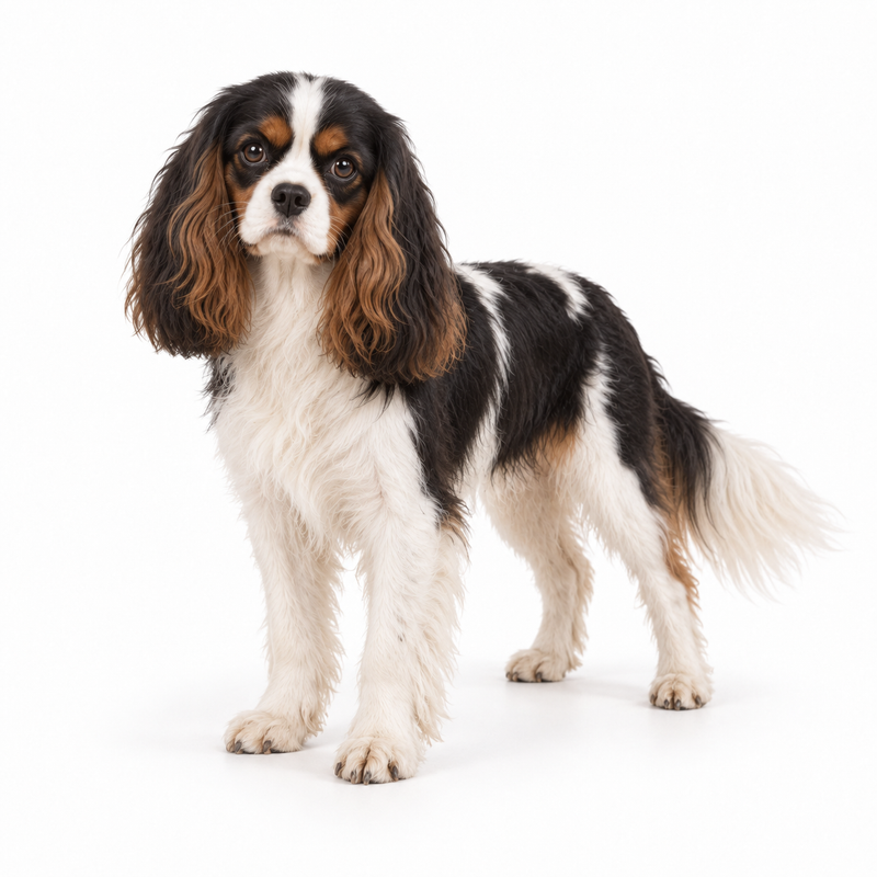 Tricolour Cavalier King Charles Spaniel on a white background