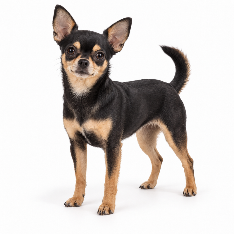 Black-and-tan smooth-coated Chihuahua standing on a white background