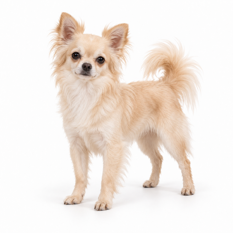 Cream long-coated Chihuahua standing on a white background