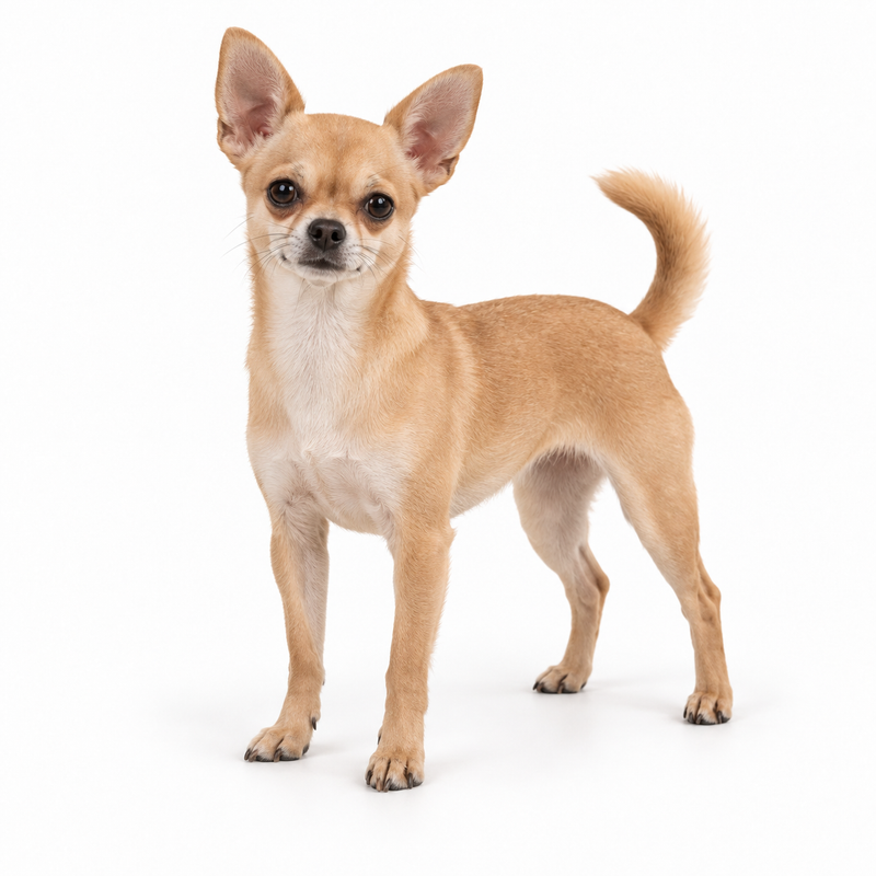 Fawn smooth-coated Chihuahua standing on a white background