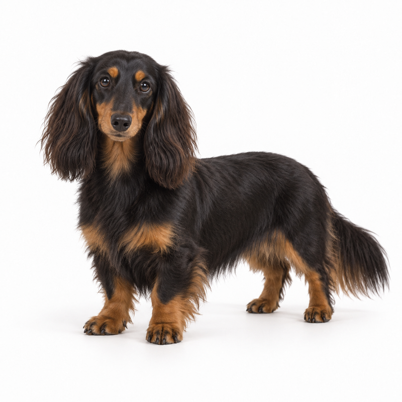 Black and tan long-haired Dachshund on a white background