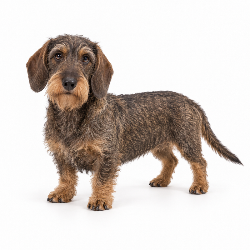 Wild-boar-coloured wire-haired Dachshund on a white background