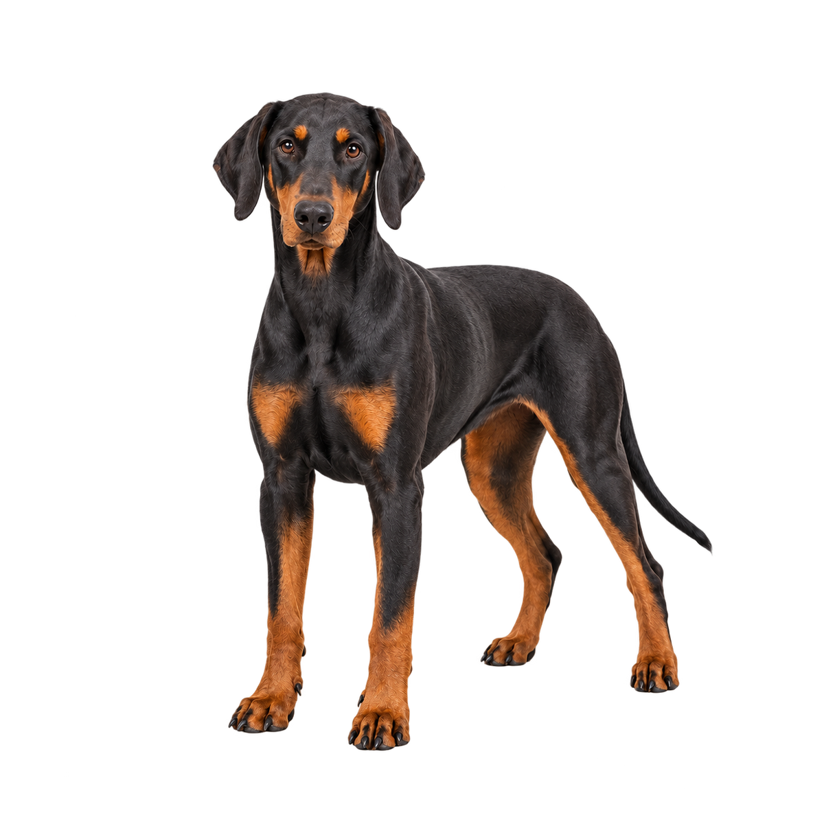 Black and rust Doberman Pinscher with natural ears