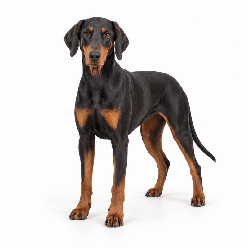 Black and rust Doberman Pinscher with natural ears on a white background