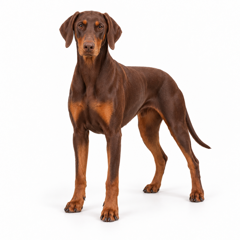 Red and rust Doberman Pinscher with natural ears on a white background