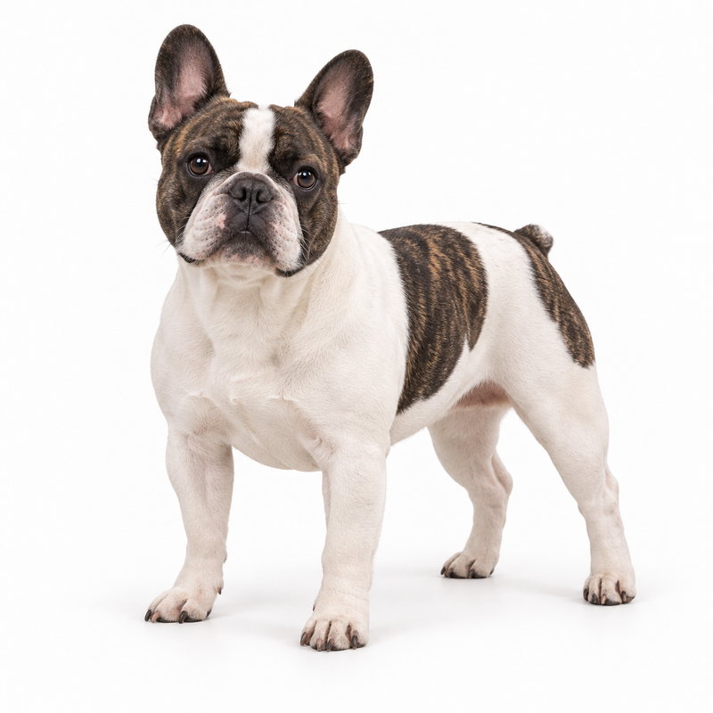 White French Bulldog with brindle patches on a white background