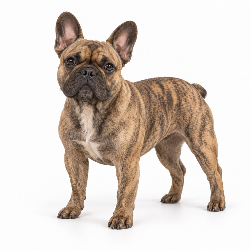 Brindle French Bulldog with dark striping over fawn on a white background