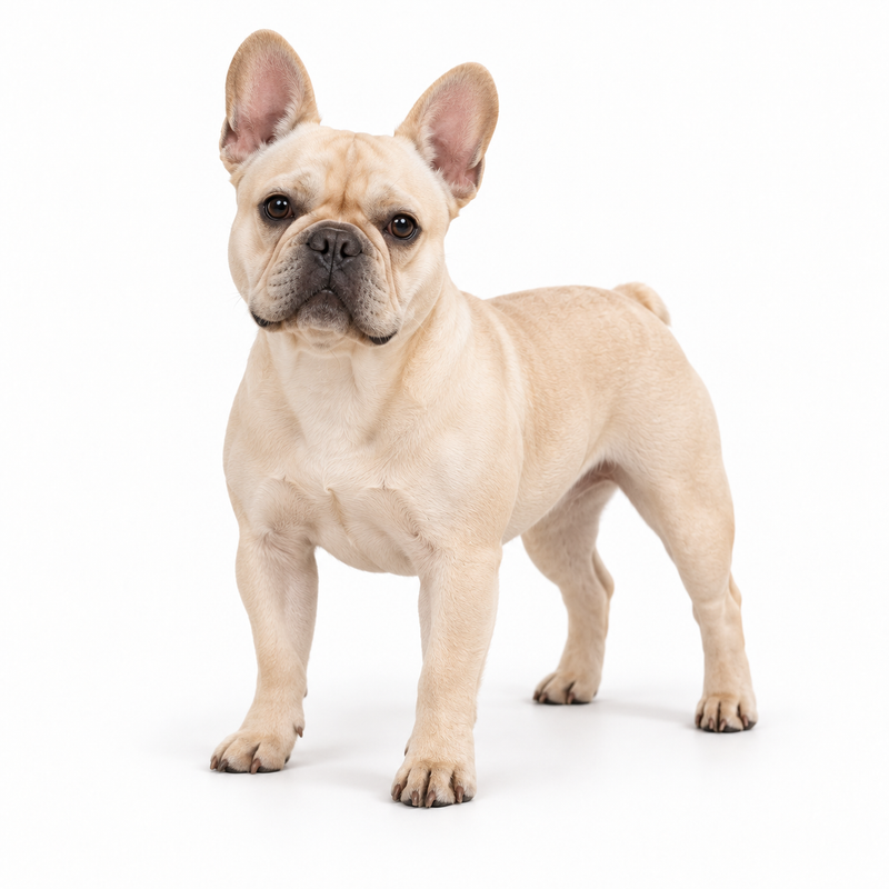 Cream French Bulldog standing on a white background
