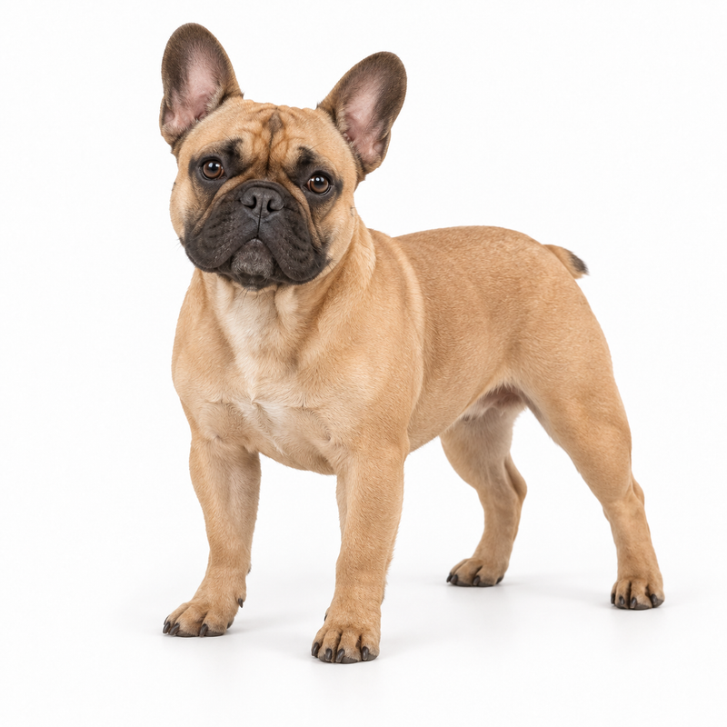 Fawn French Bulldog with a dark facial mask on a white background