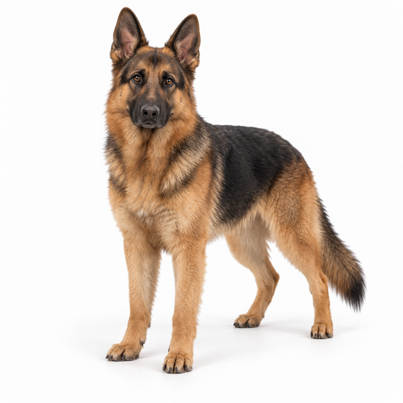 Black and tan German Shepherd Dog on a white background