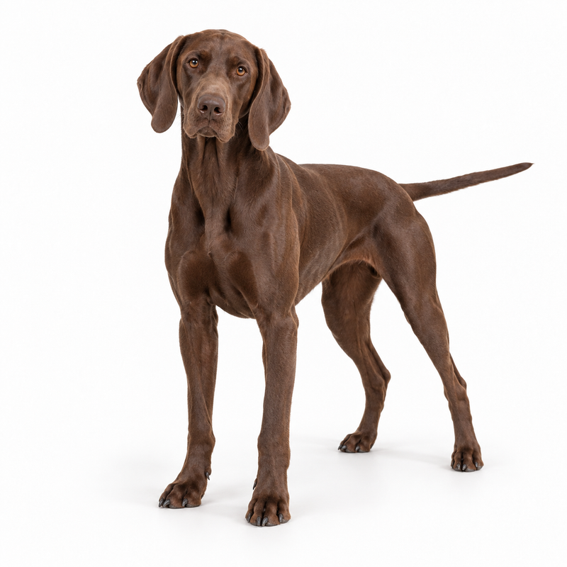 Solid liver German Shorthaired Pointer on a white background