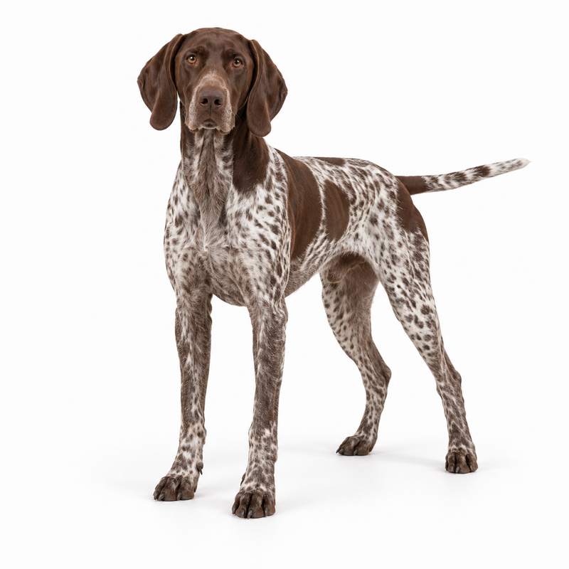 Liver and white ticked German Shorthaired Pointer on a white background