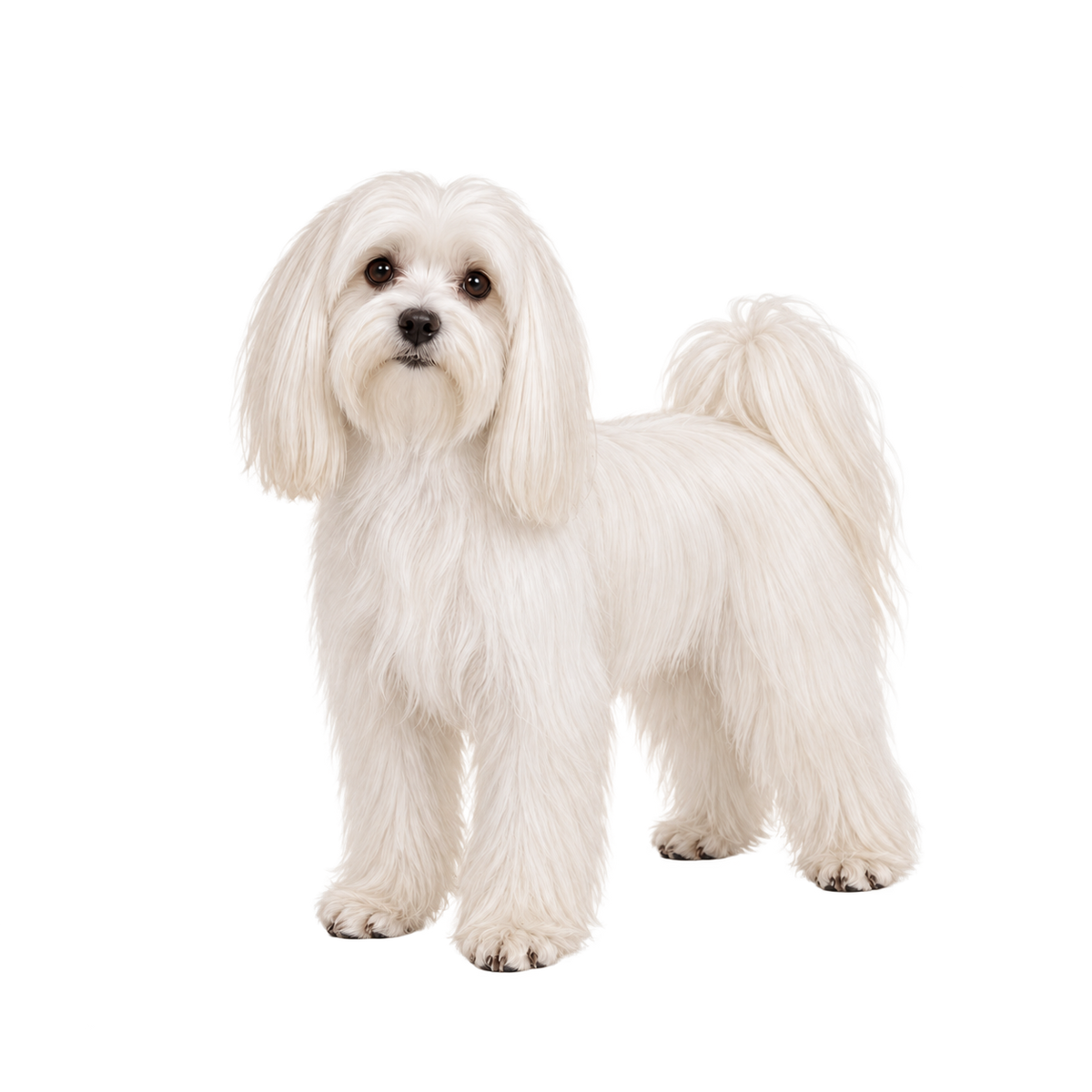 White Maltese with a long silky coat