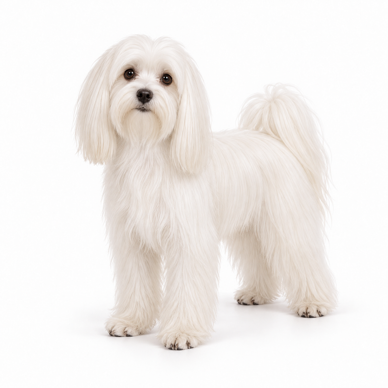 White Maltese with a long silky coat on a white background
