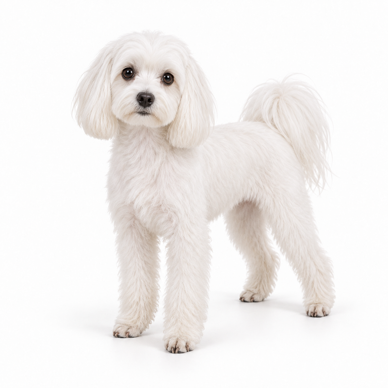 White Maltese with a shorter pet trim on a white background