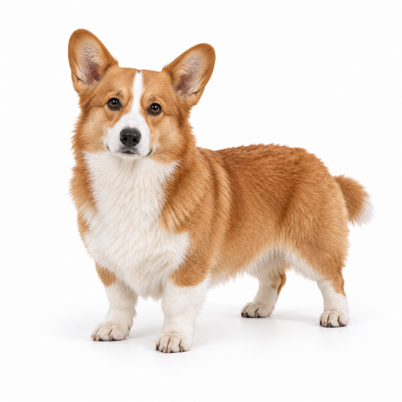 Red and white Pembroke Welsh Corgi on a white background