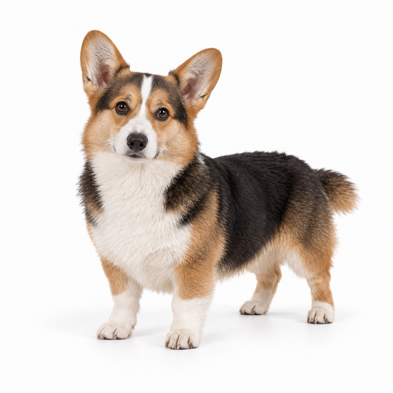 Tricolour Pembroke Welsh Corgi on a white background