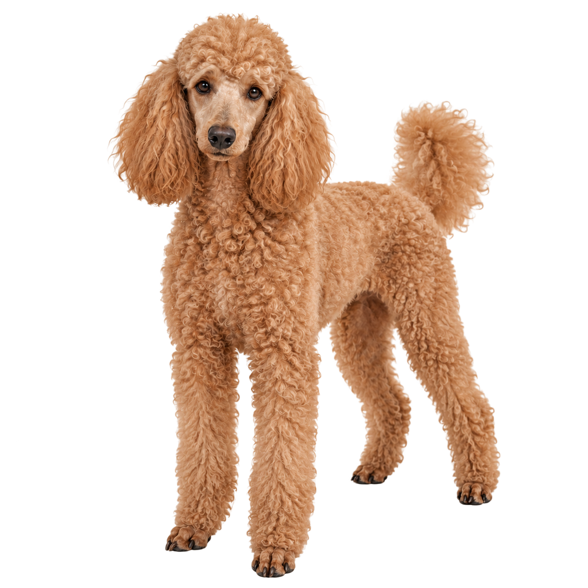 Apricot Poodle standing in three-quarter view