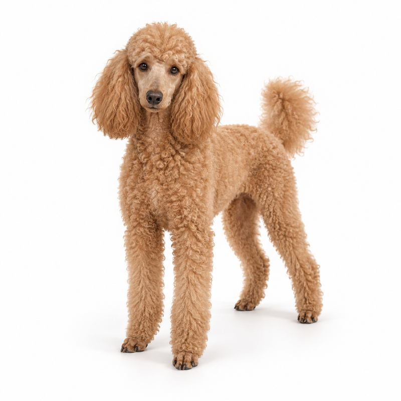 AI-generated apricot Poodle standing in three-quarter view on a white background