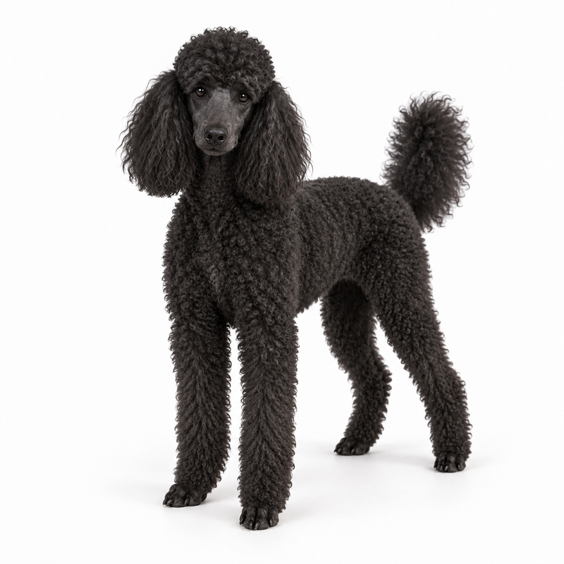 AI-generated black Poodle standing in three-quarter view on a white background