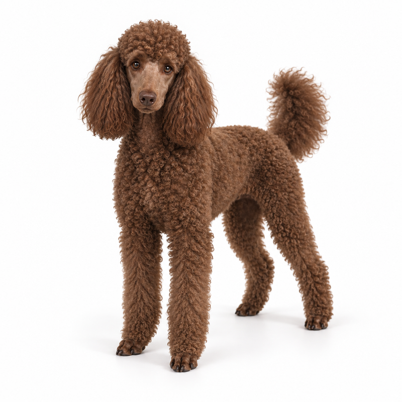 AI-generated brown Poodle standing in three-quarter view on a white background