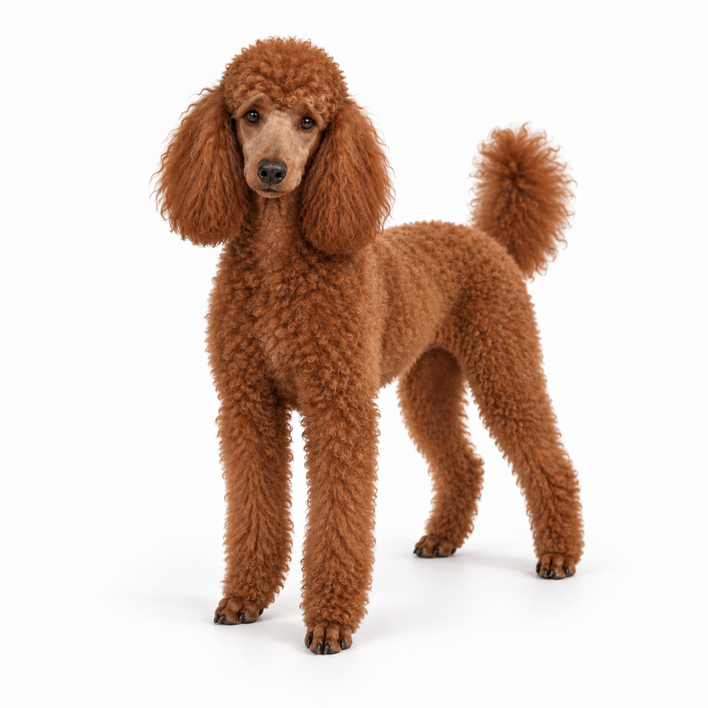 AI-generated red Poodle standing in three-quarter view on a white background