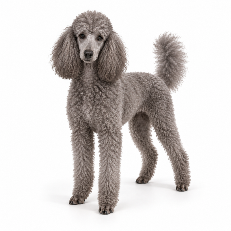 AI-generated silver Poodle standing in three-quarter view on a white background