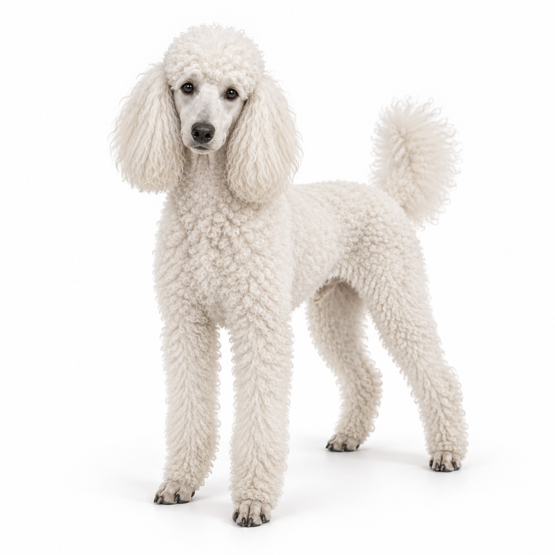AI-generated white Poodle standing in three-quarter view on a white background