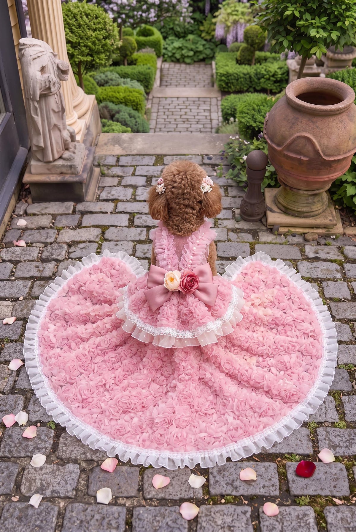 Rosalie — Pink long dress on a dog, overhead view