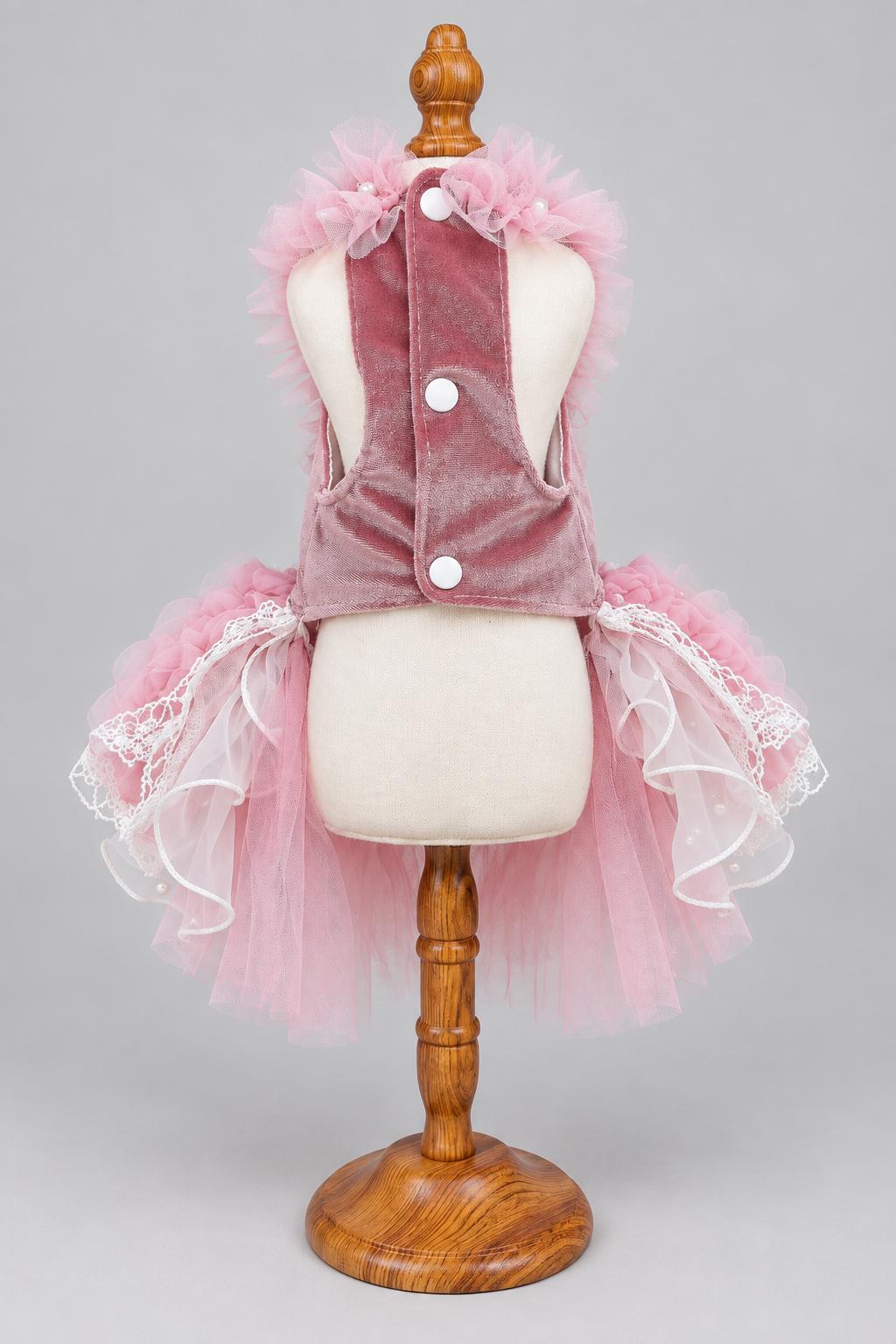 Rosalie — Pink dress front and fastening on a mannequin