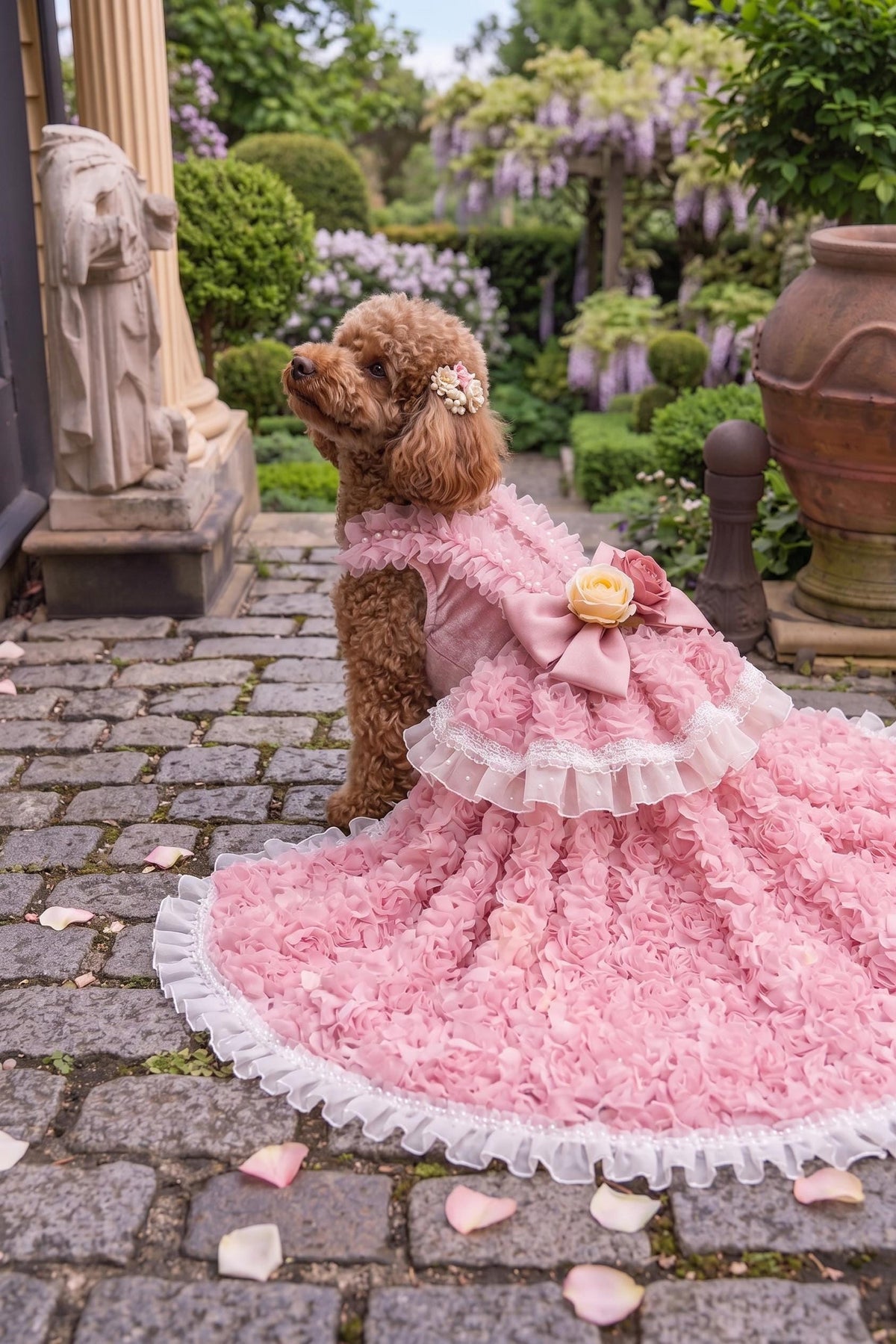 Rosalie — Pink long dress on a dog, side view