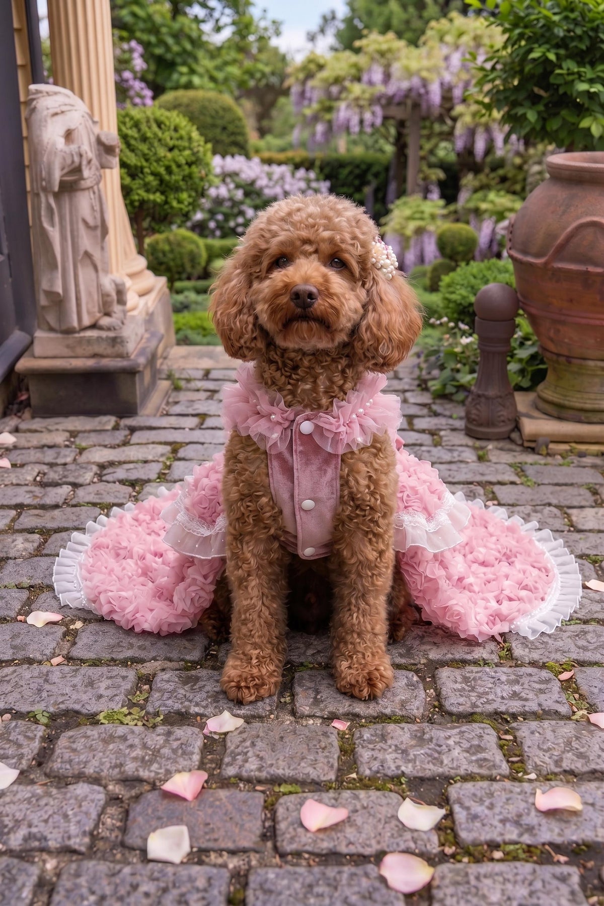 Rosalie — Pink long dress on a dog, front view
