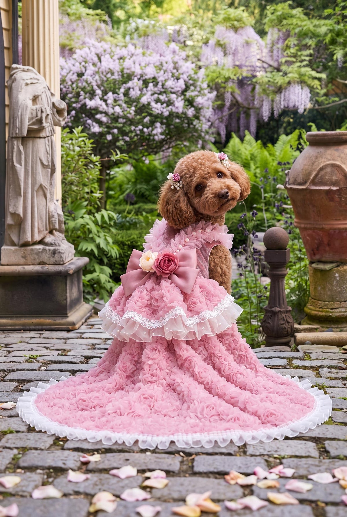 Rosalie — Pink long dress on a dog, angled rear view