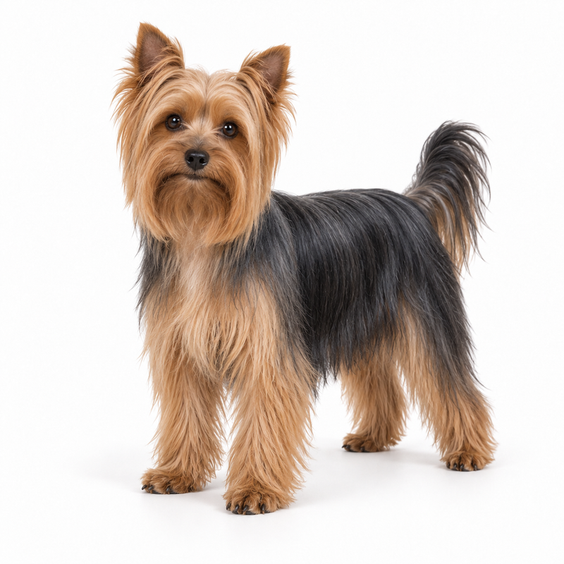 Blue-and-tan Yorkshire Terrier with a longer silky coat on a white background
