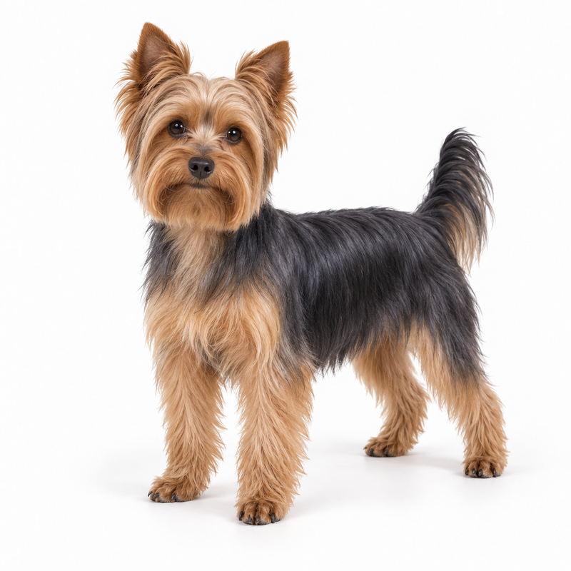 Blue-and-tan Yorkshire Terrier in a neat pet trim on a white background