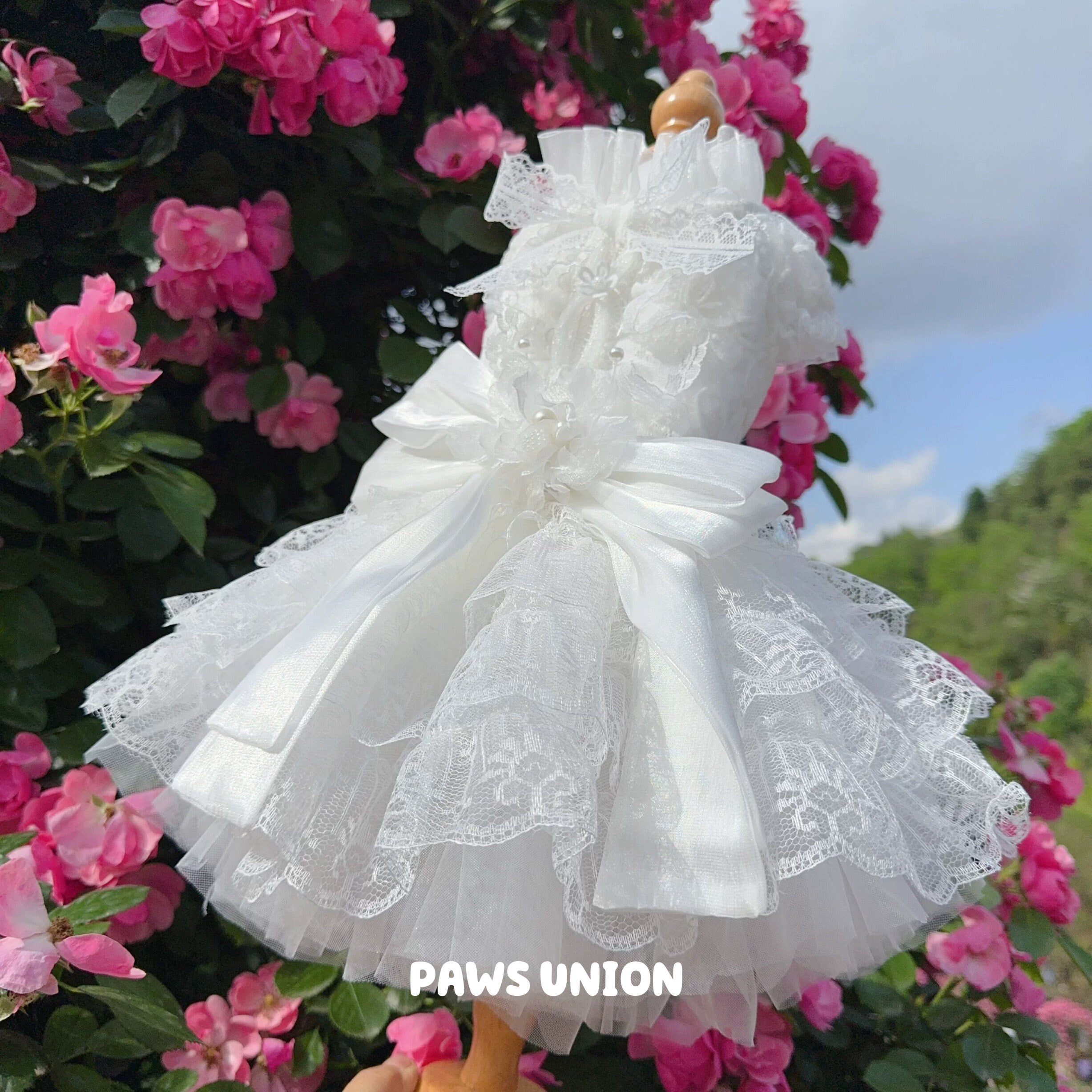 Coco Rosette Dog Wedding Dress with Train, White Tulle Dog Gown, 3D Flower Princess Dress for Dogs, Pet Bride Outfit, Dog Flower Girl Dress — product photograph 5 of 7.