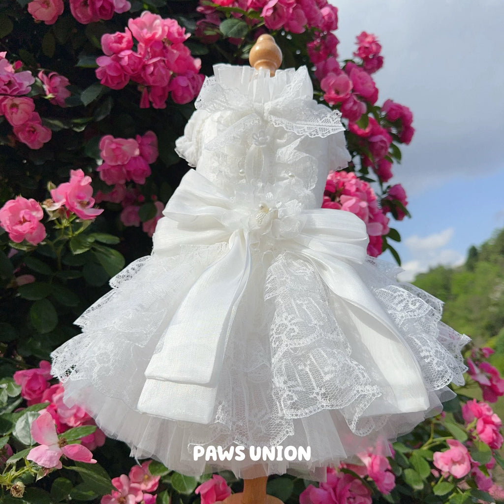 Coco Rosette Dog Wedding Dress with Train, White Tulle Dog Gown, 3D Flower Princess Dress for Dogs, Pet Bride Outfit, Dog Flower Girl Dress — product photograph 6 of 7.